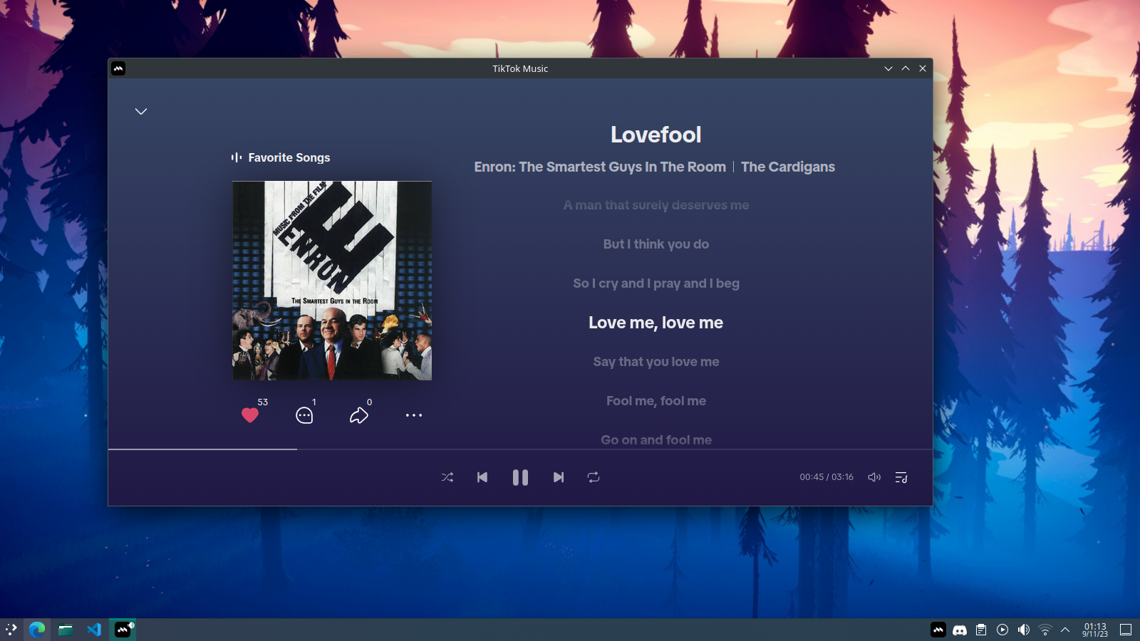 The image contains the window of a TikTok Music playing a song (Lovefool by The Cardigans) application running in a Linux system (Arch Linux) using KDE Plasma.